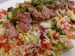 Grilled beef rice salad